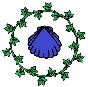 Quest Badge. Argent, an escallop azure within a chaplet of ivy vert.