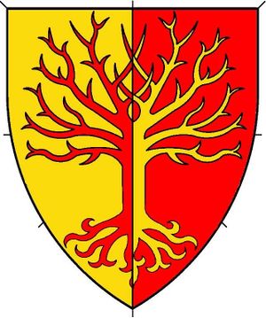 Per pale Or and gules, a tree blasted and eradicated counterchanged.